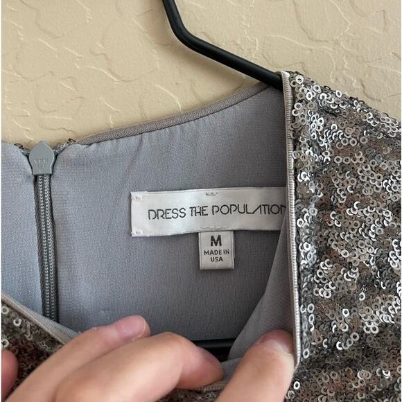 New Dress the Population Ryan Sequin Platinum Gunmetal Mesh Insert Midi Dress M - Picture 5 of 11